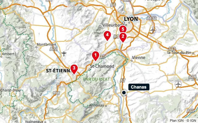 Carte : Chanas et les 5 agences de la liste, numérotées de 1 à 5