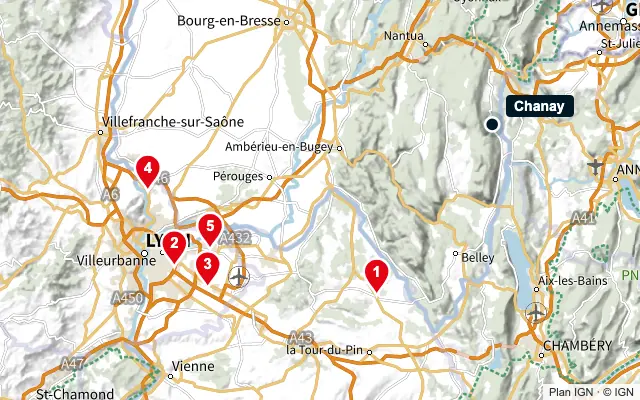 Carte : Chanay et les 5 agences de la liste, numérotées de 1 à 5