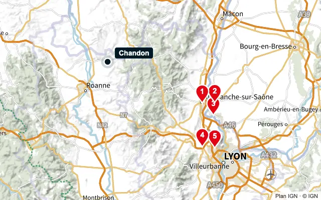 Carte : Chandon et les 5 agences de la liste, numérotées de 1 à 5