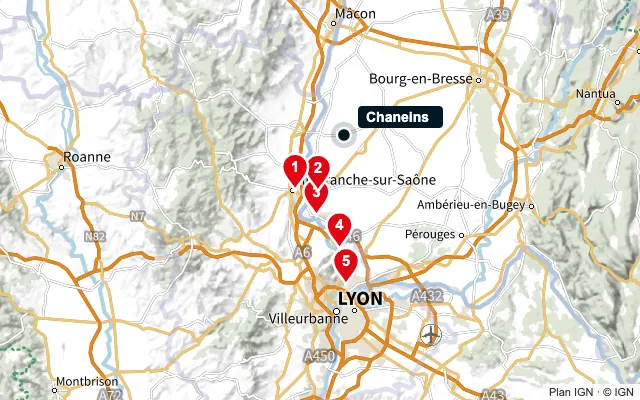 Carte : Chaneins et les 5 agences de la liste, numérotées de 1 à 5