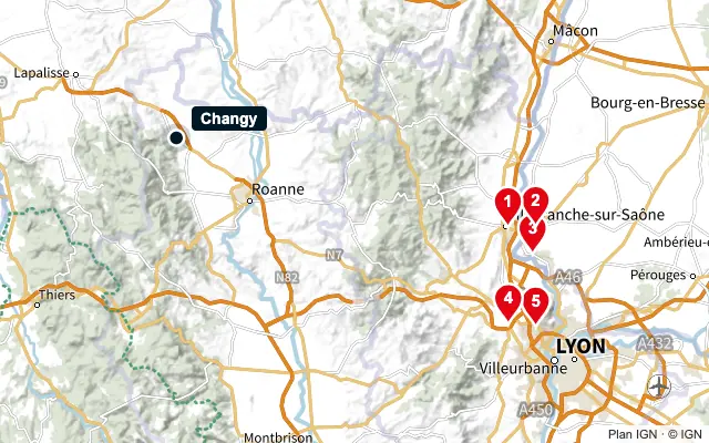 Carte : Changy et les 5 agences de la liste, numérotées de 1 à 5