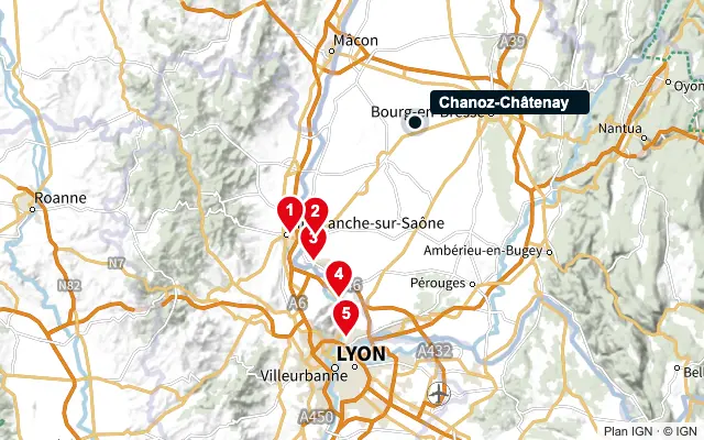 Carte : Chanoz-Châtenay et les 5 agences de la liste, numérotées de 1 à 5