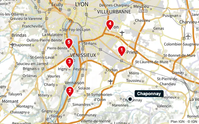 Carte : Chaponnay et les 5 agences de la liste, numérotées de 1 à 5