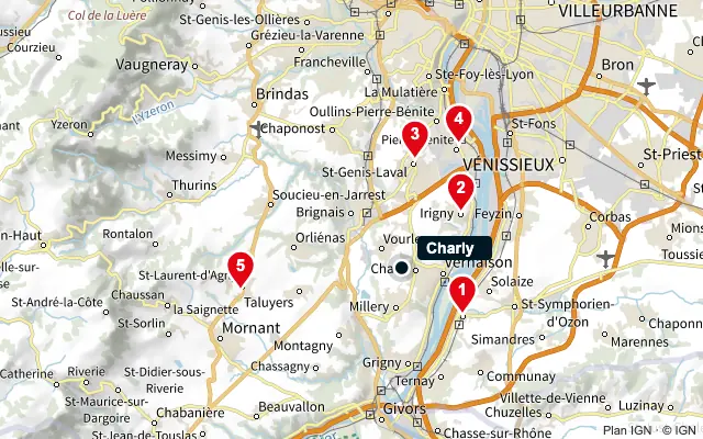 Carte : Charly et les 5 agences de la liste, numérotées de 1 à 5