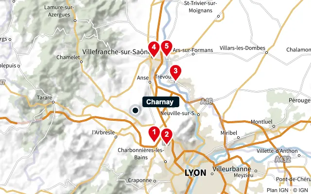 Carte : Charnay et les 5 agences de la liste, numérotées de 1 à 5