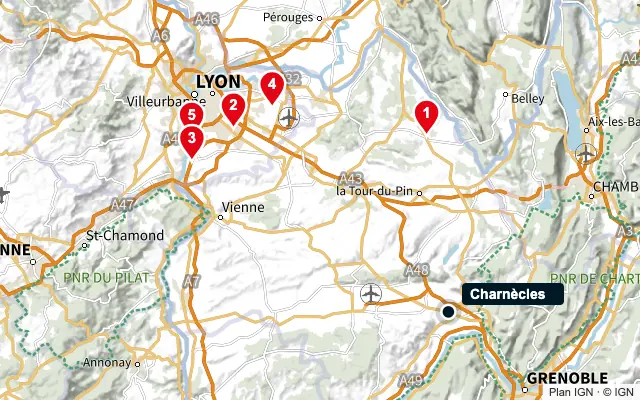 Carte : Charnècles et les 5 agences de la liste, numérotées de 1 à 5