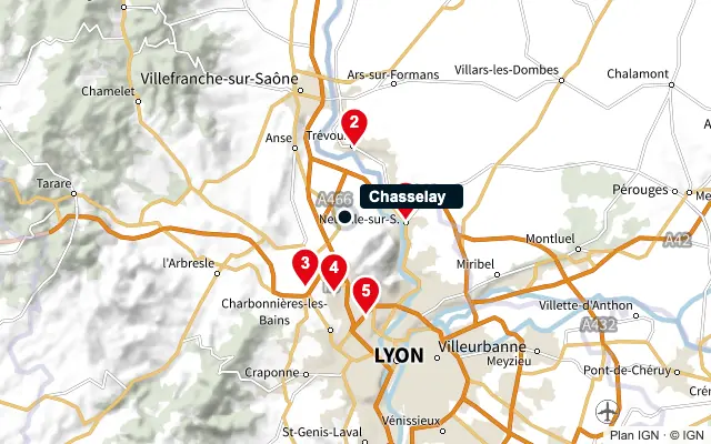 Carte : Chasselay et les 5 agences de la liste, numérotées de 1 à 5