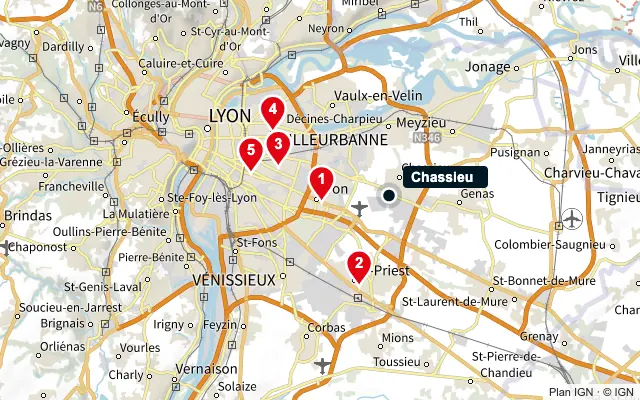 Carte : Chassieu et les 5 agences de la liste, numérotées de 1 à 5