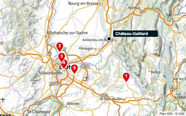 Carte : Château-Gaillard et les 5 agences de la liste, numérotées de 1 à 5