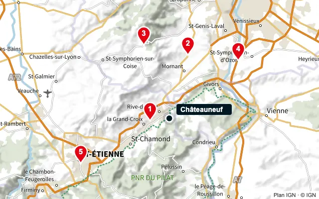 Carte : Châteauneuf et les 5 agences de la liste, numérotées de 1 à 5