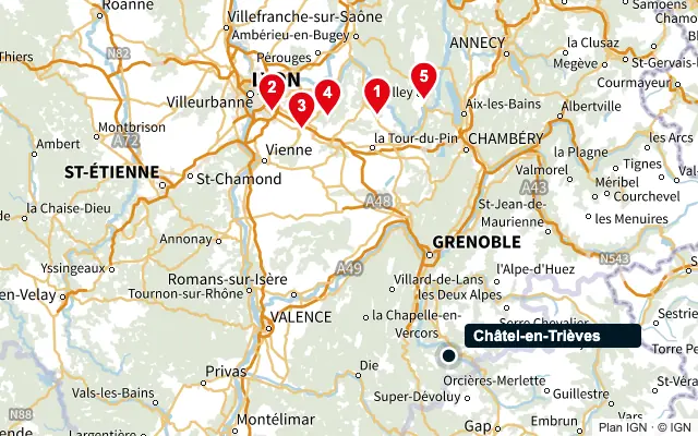 Carte : Châtel-en-Trièves et les 5 agences de la liste, numérotées de 1 à 5
