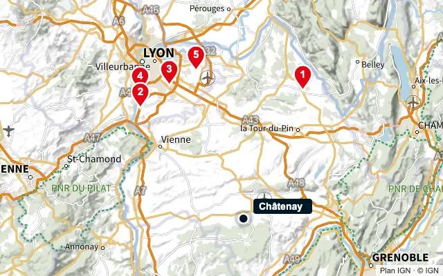 Carte : Châtenay et les 5 agences de la liste, numérotées de 1 à 5