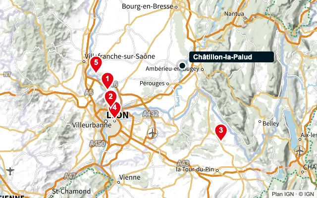 Carte : Châtillon-la-Palud et les 5 agences de la liste, numérotées de 1 à 5