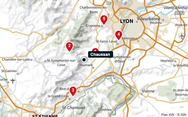 Carte : Chaussan et les 5 agences de la liste, numérotées de 1 à 5