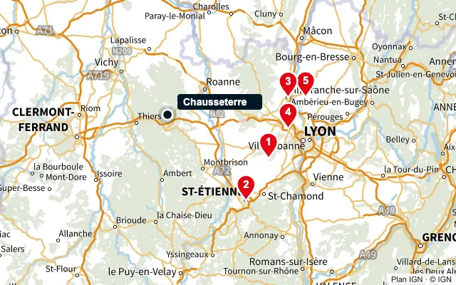 Carte : Chausseterre et les 5 agences de la liste, numérotées de 1 à 5