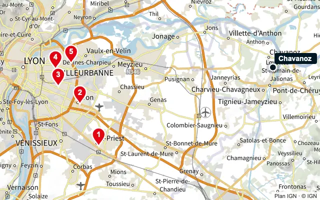 Carte : Chavanoz et les 5 agences de la liste, numérotées de 1 à 5