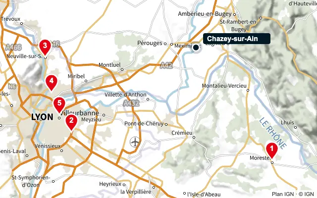 Carte : Chazey-sur-Ain et les 5 agences de la liste, numérotées de 1 à 5
