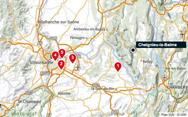 Carte : Cheignieu-la-Balme et les 5 agences de la liste, numérotées de 1 à 5