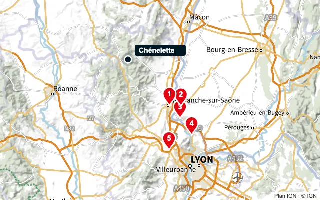 Carte : Chénelette et les 5 agences de la liste, numérotées de 1 à 5