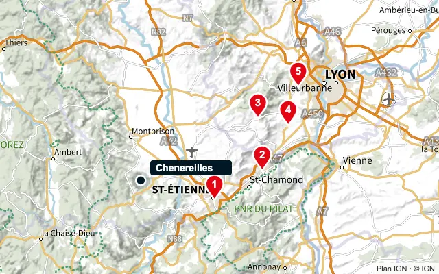 Carte : Chenereilles et les 5 agences de la liste, numérotées de 1 à 5