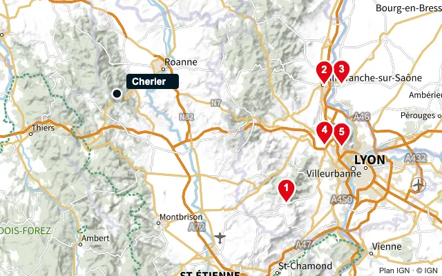Carte : Cherier et les 5 agences de la liste, numérotées de 1 à 5