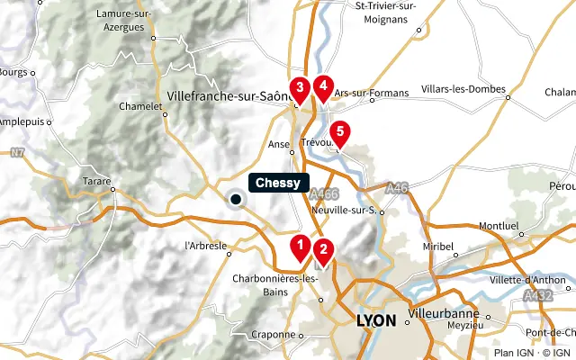 Carte : Chessy et les 5 agences de la liste, numérotées de 1 à 5