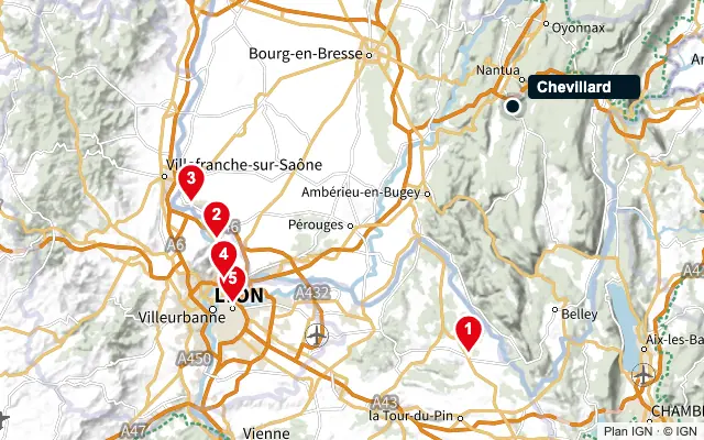Carte : Chevillard et les 5 agences de la liste, numérotées de 1 à 5
