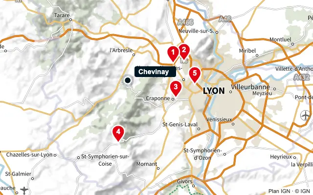 Carte : Chevinay et les 5 agences de la liste, numérotées de 1 à 5