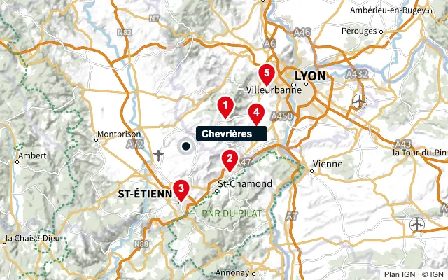 Carte : Chevrières et les 5 agences de la liste, numérotées de 1 à 5
