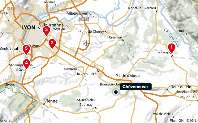Carte : Chèzeneuve et les 5 agences de la liste, numérotées de 1 à 5