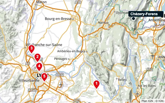 Carte : Chézery-Forens et les 5 agences de la liste, numérotées de 1 à 5