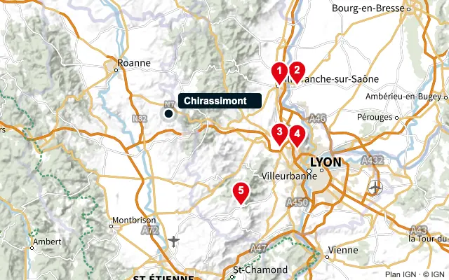 Carte : Chirassimont et les 5 agences de la liste, numérotées de 1 à 5