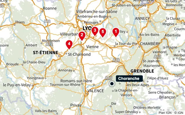 Carte : Choranche et les 5 agences de la liste, numérotées de 1 à 5