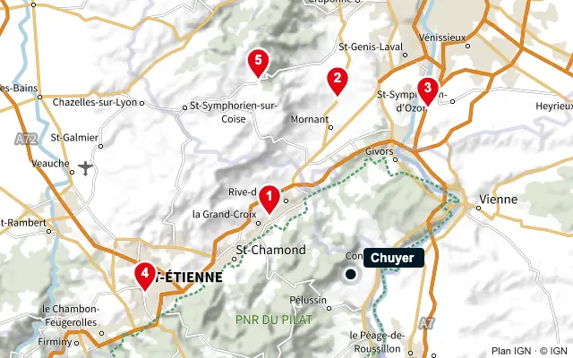 Carte : Chuyer et les 5 agences de la liste, numérotées de 1 à 5