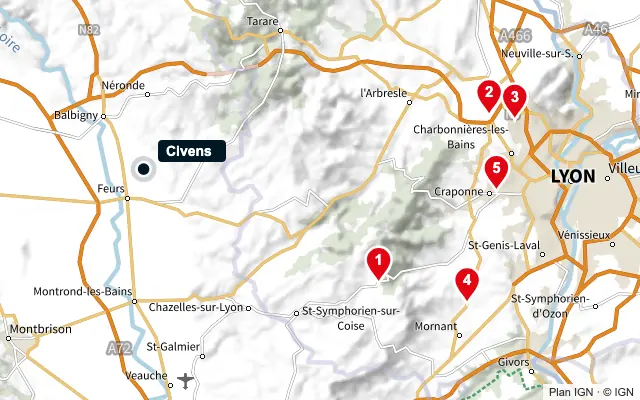 Carte : Civens et les 5 agences de la liste, numérotées de 1 à 5