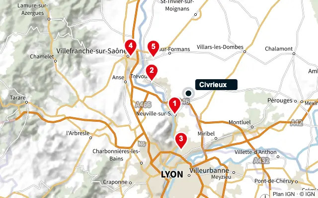 Carte : Civrieux et les 5 agences de la liste, numérotées de 1 à 5