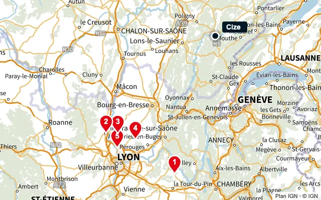 Carte : Cize et les 5 agences de la liste, numérotées de 1 à 5