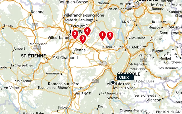 Carte : Claix et les 5 agences de la liste, numérotées de 1 à 5
