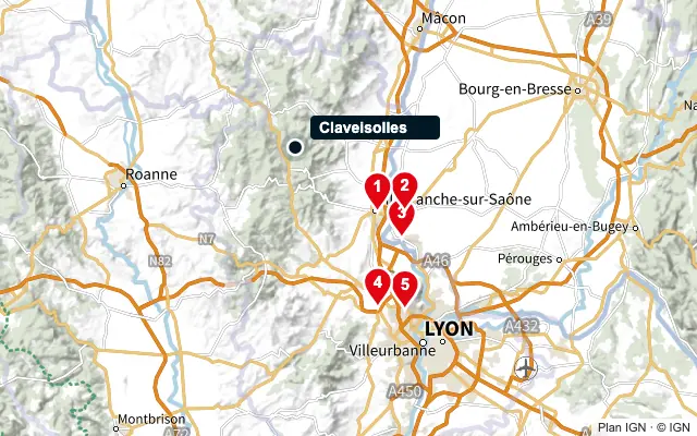 Carte : Claveisolles et les 5 agences de la liste, numérotées de 1 à 5