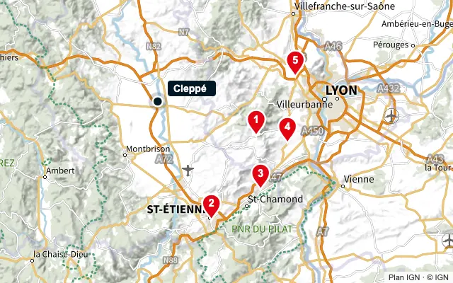 Carte : Cleppé et les 5 agences de la liste, numérotées de 1 à 5