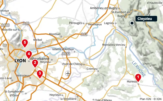 Carte : Cleyzieu et les 5 agences de la liste, numérotées de 1 à 5