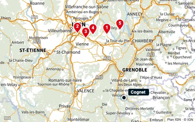 Carte : Cognet et les 5 agences de la liste, numérotées de 1 à 5