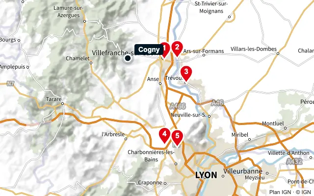 Carte : Cogny et les 5 agences de la liste, numérotées de 1 à 5