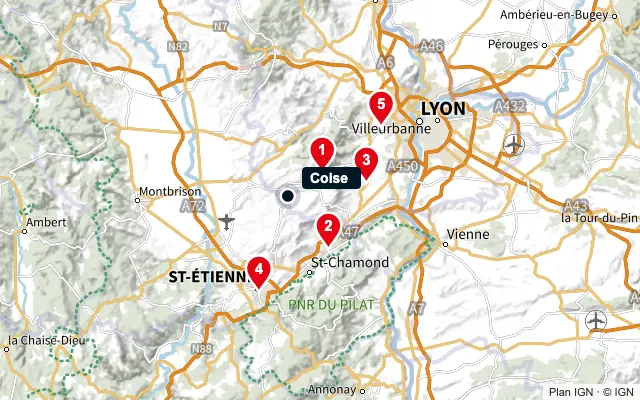 Carte : Coise et les 5 agences de la liste, numérotées de 1 à 5