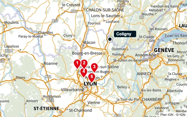 Carte : Coligny et les 5 agences de la liste, numérotées de 1 à 5