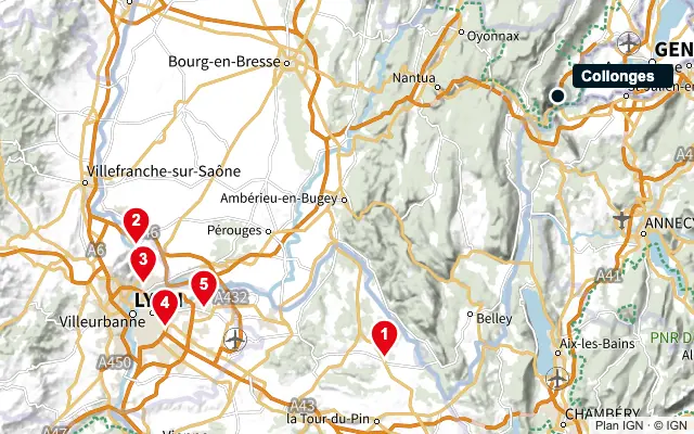Carte : Collonges et les 5 agences de la liste, numérotées de 1 à 5