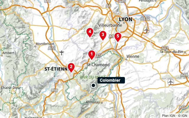 Carte : Colombier et les 5 agences de la liste, numérotées de 1 à 5