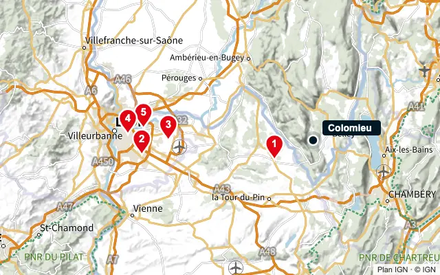 Carte : Colomieu et les 5 agences de la liste, numérotées de 1 à 5
