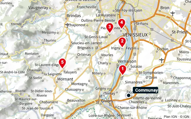 Carte : Communay et les 5 agences de la liste, numérotées de 1 à 5