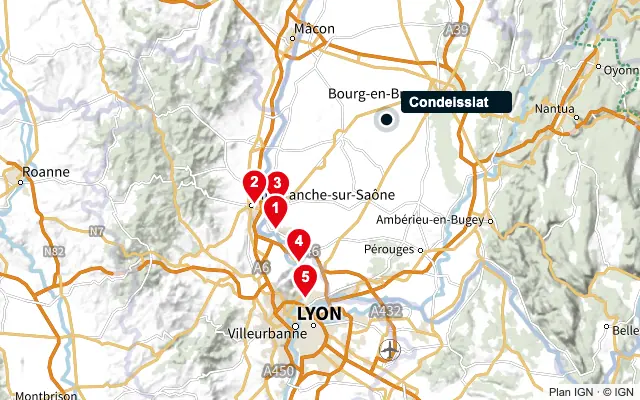 Carte : Condeissiat et les 5 agences de la liste, numérotées de 1 à 5
